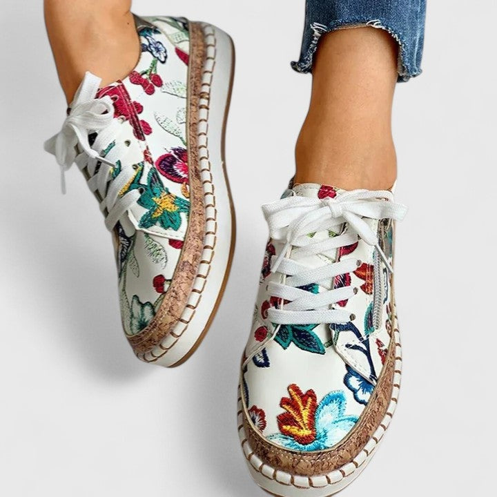 Lorelei | Women's Floral Canvas Sneakers Hand Stitched Cork Platform