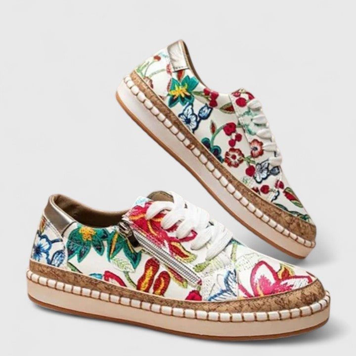 Lorelei | Women's Floral Canvas Sneakers Hand Stitched Cork Platform