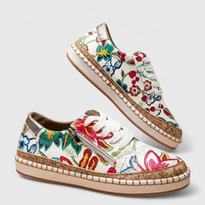 Lorelei | Women's Floral Canvas Sneakers Hand Stitched Cork Platform