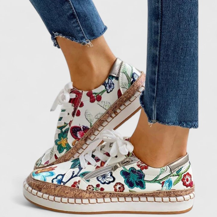 Lorelei | Women's Floral Canvas Sneakers Hand Stitched Cork Platform