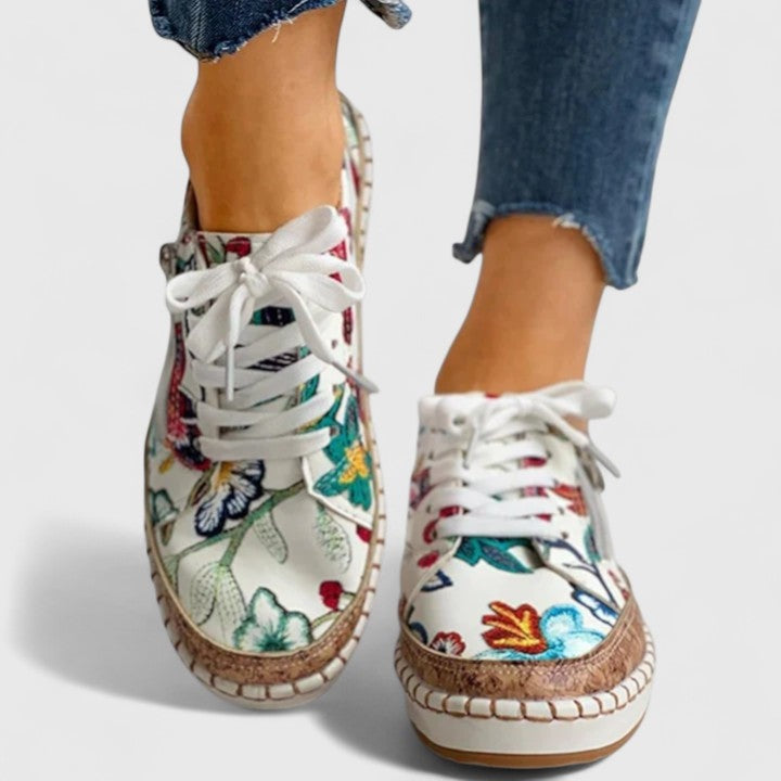 Lorelei | Women's Floral Canvas Sneakers Hand Stitched Cork Platform