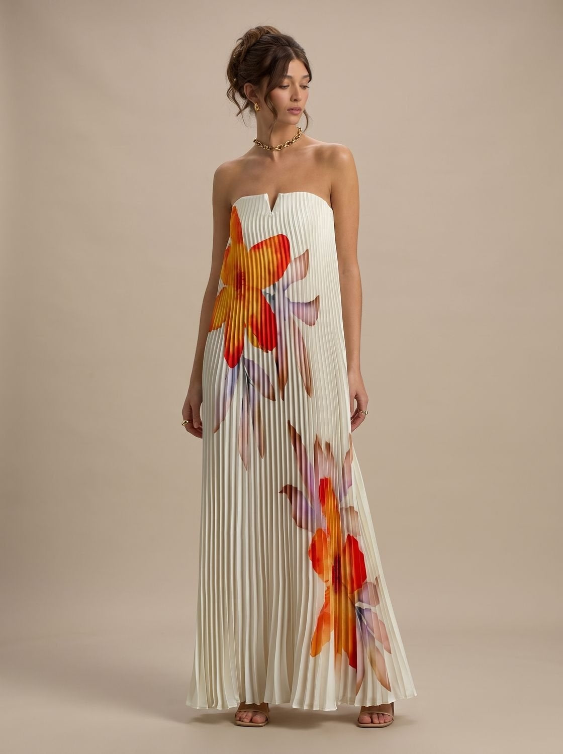 Theodora | Women's Strapless Pleated Floral Maxi Evening Dress