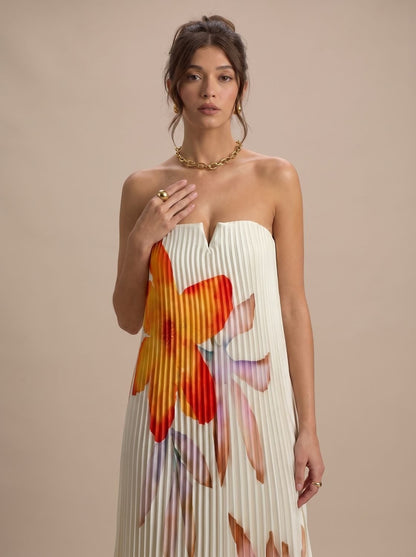 Theodora | Women's Strapless Pleated Floral Maxi Evening Dress