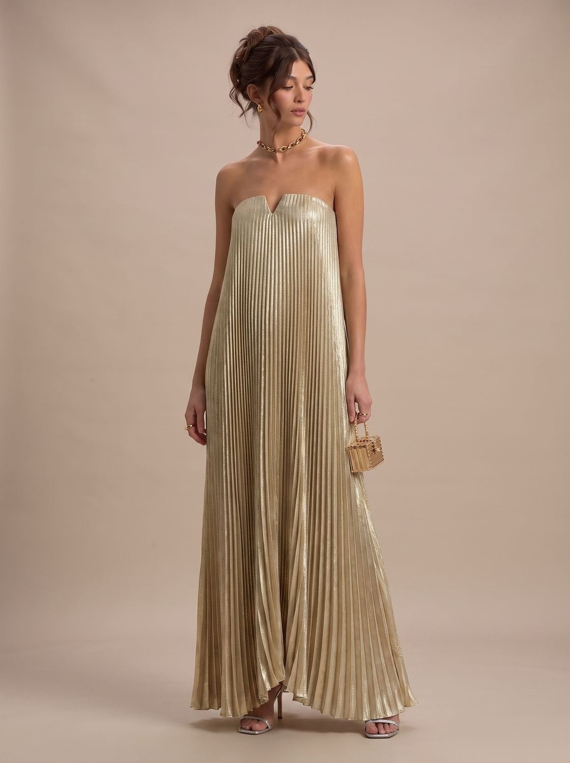 Theodora | Women's Strapless Pleated Floral Maxi Evening Dress