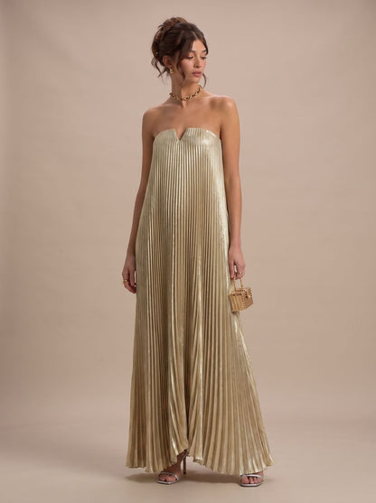 Theodora | Women's Strapless Pleated Floral Maxi Evening Dress