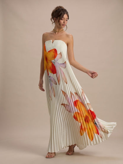 Theodora | Women's Strapless Pleated Floral Maxi Evening Dress