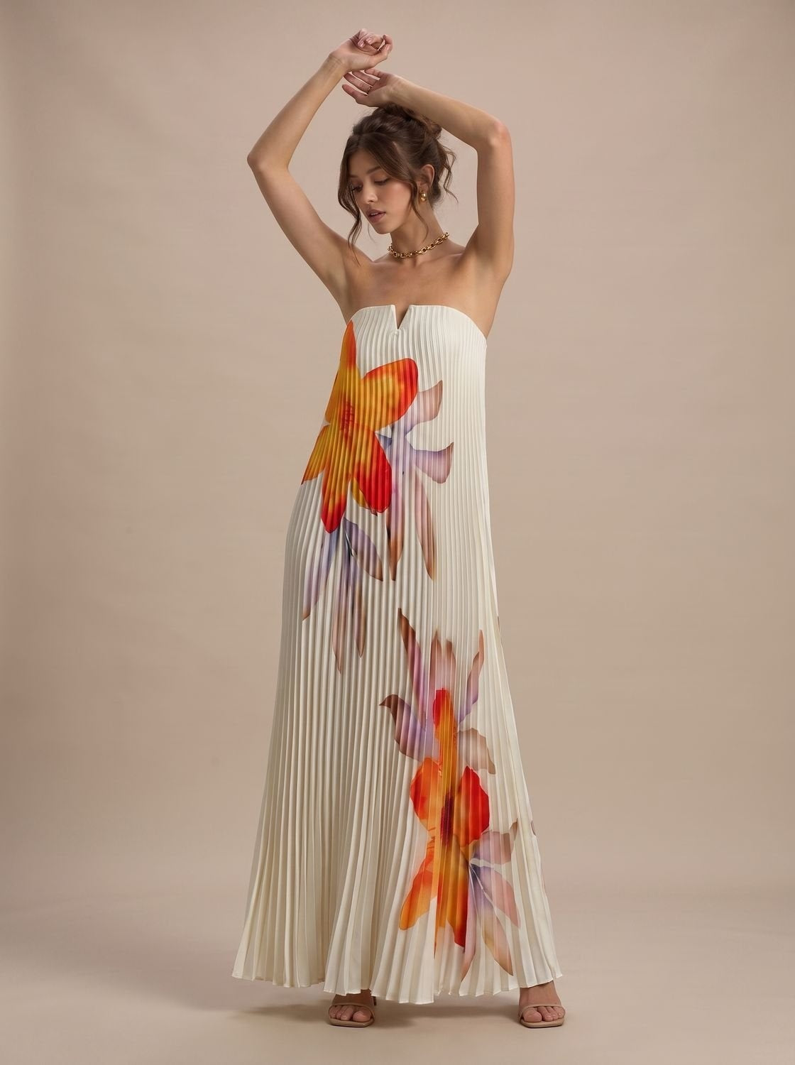 Theodora | Women's Strapless Pleated Floral Maxi Evening Dress