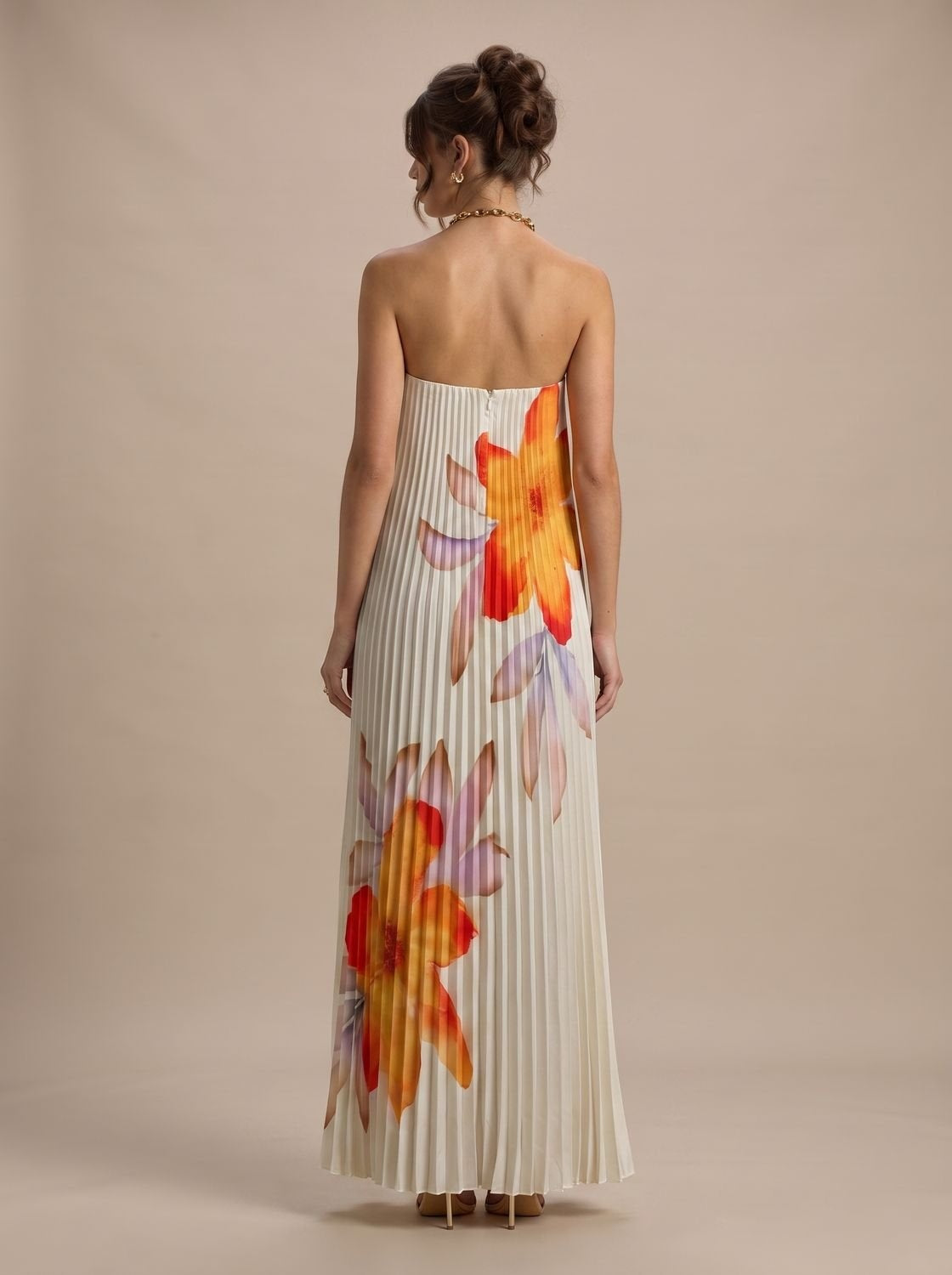 Theodora | Women's Strapless Pleated Floral Maxi Evening Dress