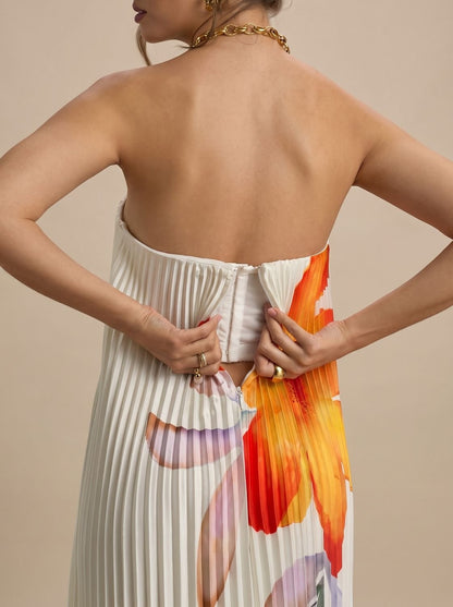 Theodora | Women's Strapless Pleated Floral Maxi Evening Dress
