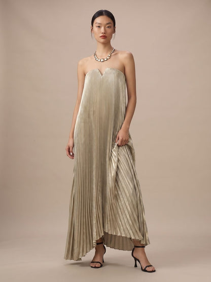 Theodora | Women's Strapless Pleated Floral Maxi Evening Dress