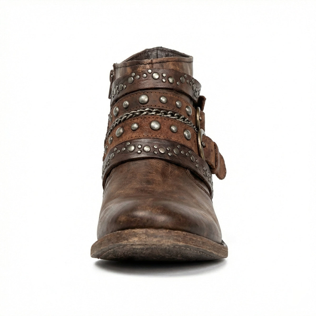 Kristen | Women's Studded Leather Ankle Cowboy Boots Buckle Straps