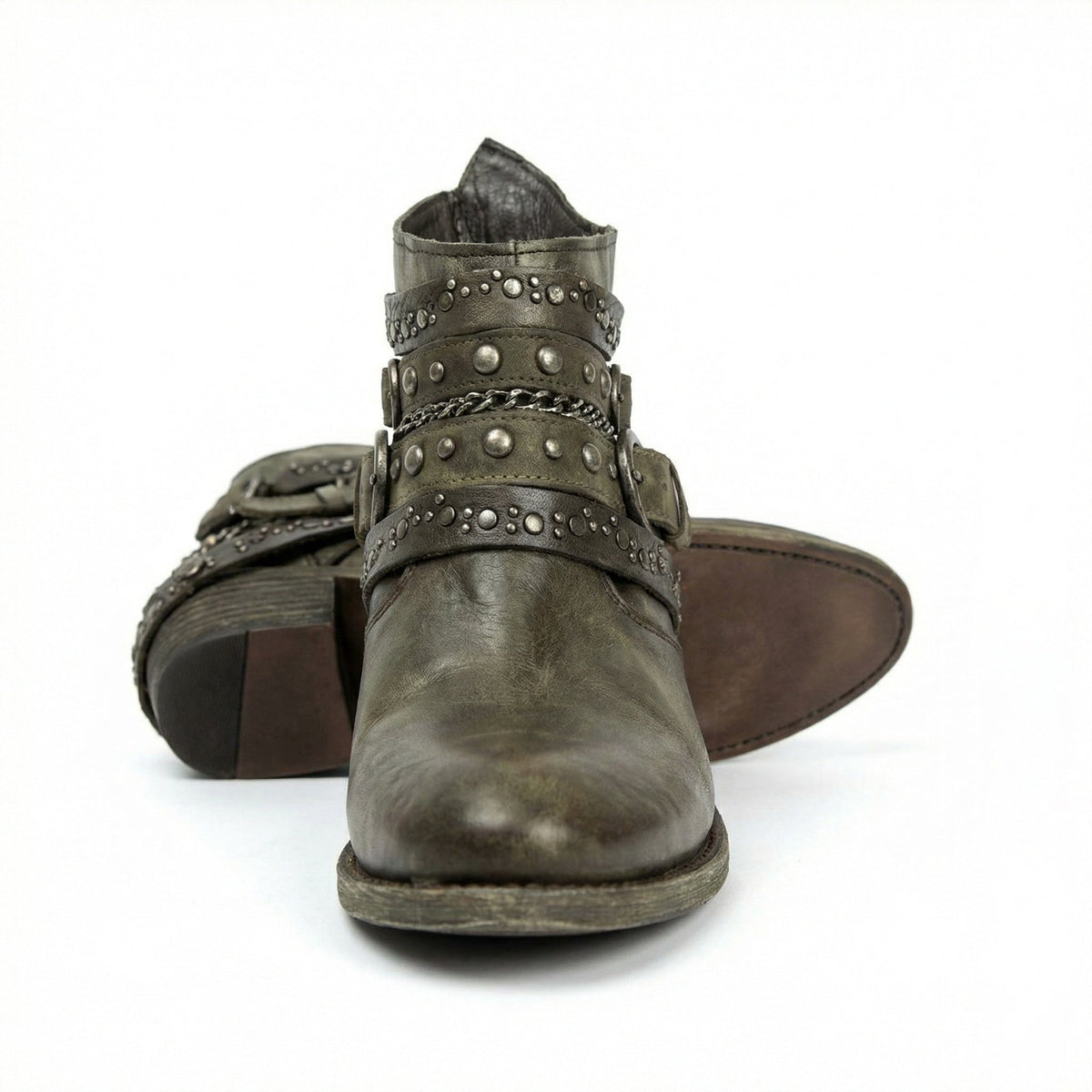 Kristen | Women's Studded Leather Ankle Cowboy Boots Buckle Straps
