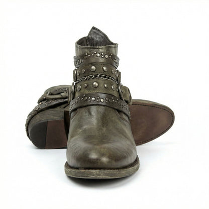Kristen | Women's Studded Leather Ankle Cowboy Boots Buckle Straps
