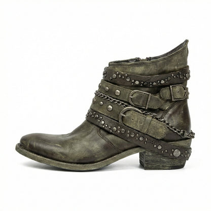Kristen | Women's Studded Leather Ankle Cowboy Boots Buckle Straps