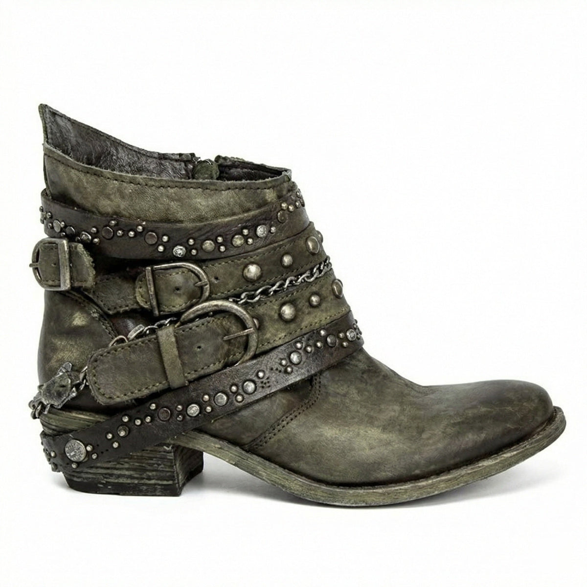 Kristen | Women's Studded Leather Ankle Cowboy Boots Buckle Straps