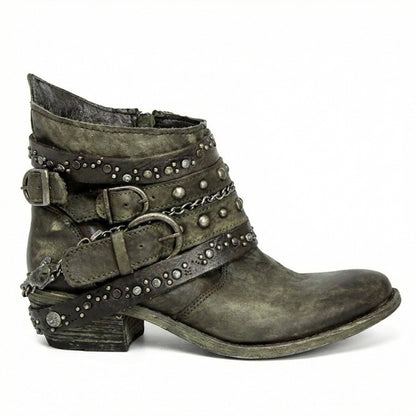 Kristen | Women's Studded Leather Ankle Cowboy Boots Buckle Straps