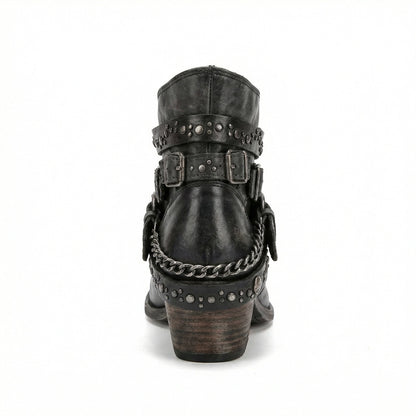 Kristen | Women's Studded Leather Ankle Cowboy Boots Buckle Straps