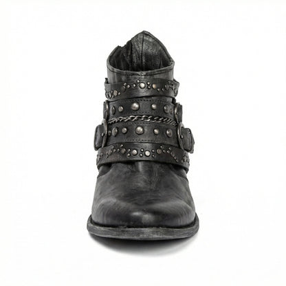 Kristen | Women's Studded Leather Ankle Cowboy Boots Buckle Straps