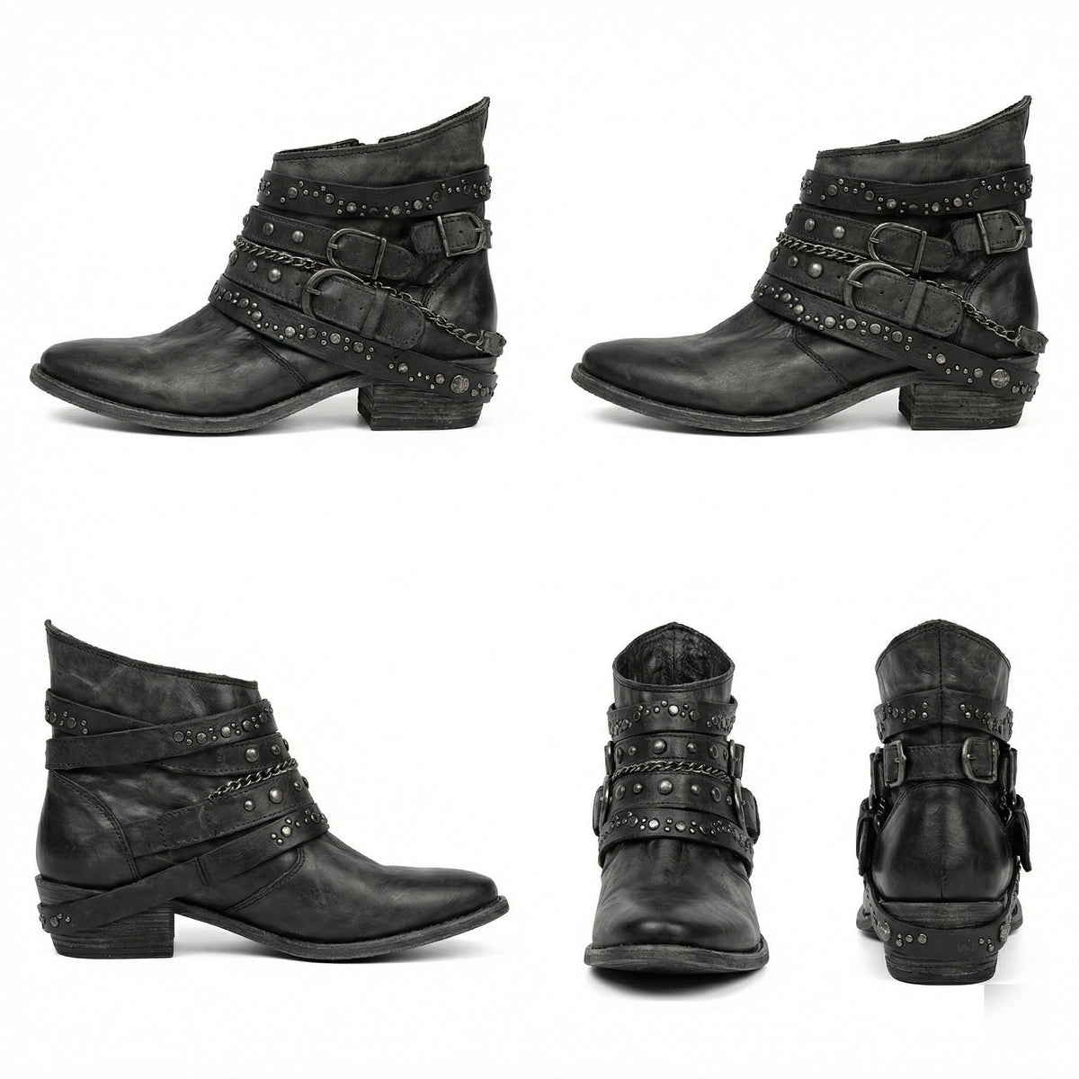 Kristen | Women's Studded Leather Ankle Cowboy Boots Buckle Straps