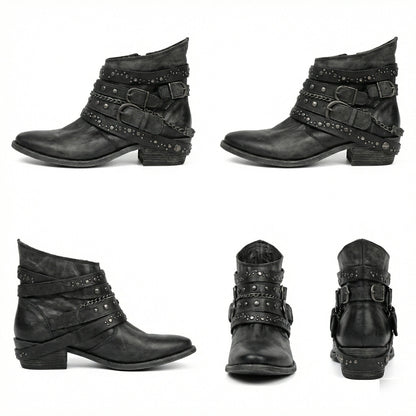 Kristen | Women's Studded Leather Ankle Cowboy Boots Buckle Straps