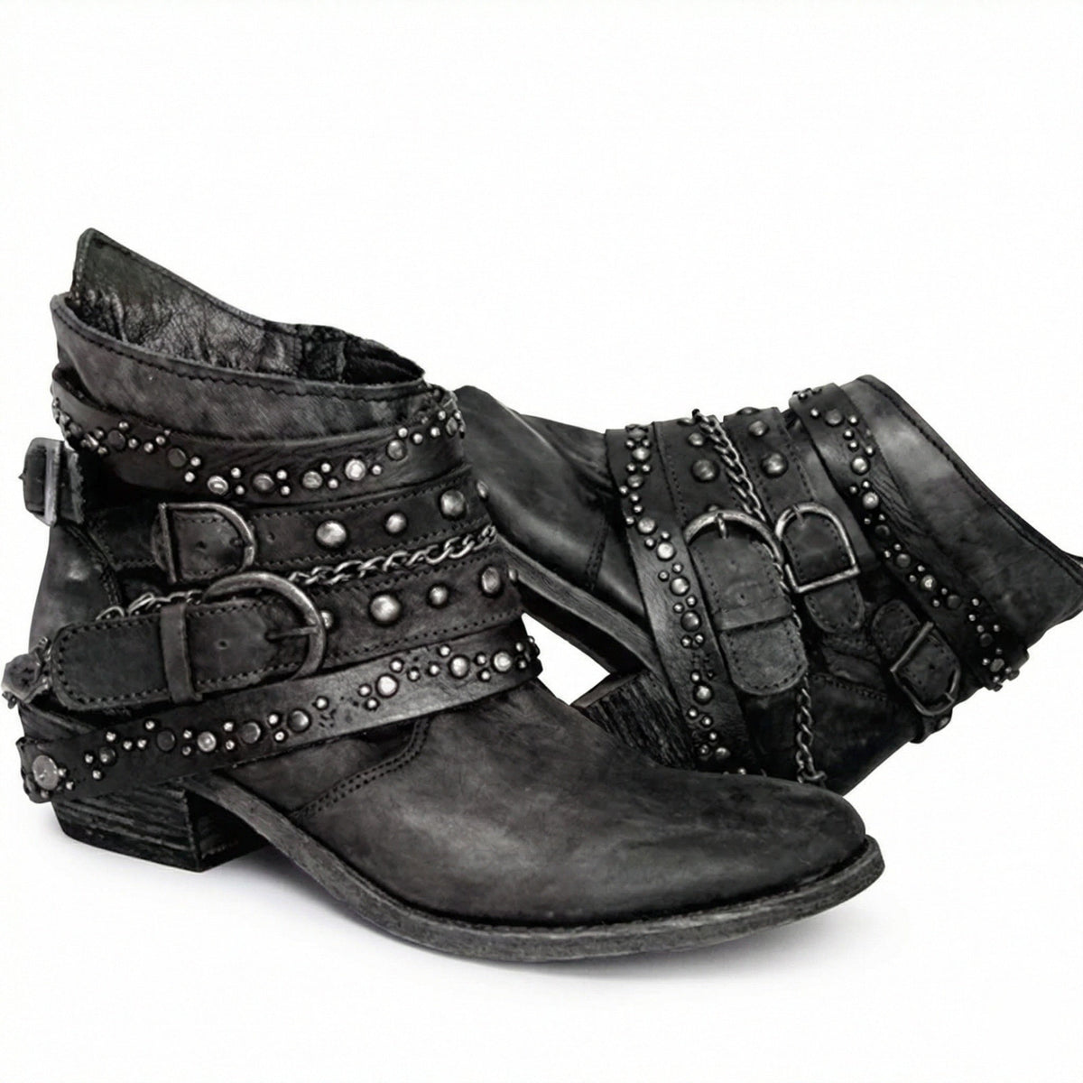 Kristen | Women's Studded Leather Ankle Cowboy Boots Buckle Straps