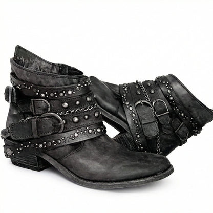 Kristen | Women's Studded Leather Ankle Cowboy Boots Buckle Straps