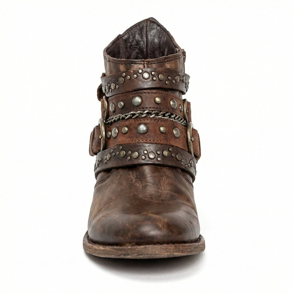 Kristen | Women's Studded Leather Ankle Cowboy Boots Buckle Straps
