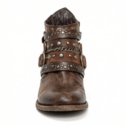 Kristen | Women's Studded Leather Ankle Cowboy Boots Buckle Straps