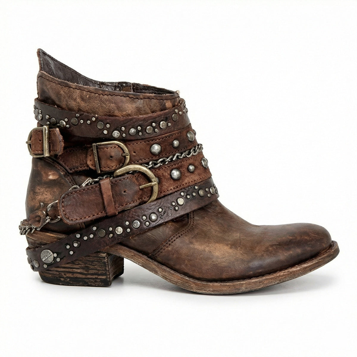 Kristen | Women's Studded Leather Ankle Cowboy Boots Buckle Straps