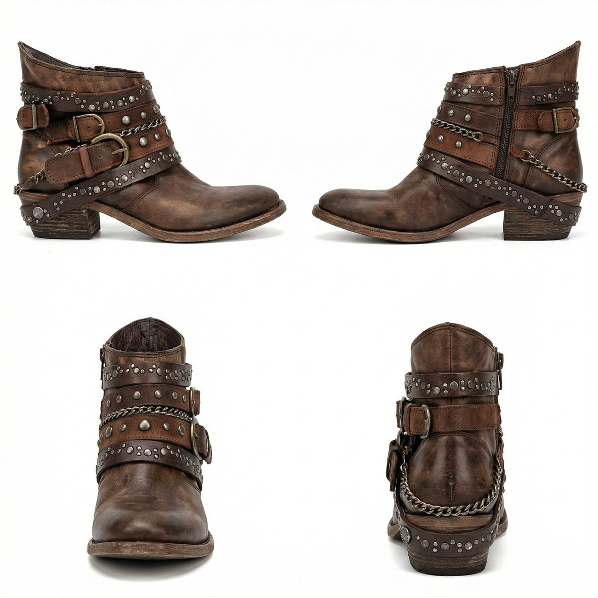 Kristen | Women's Studded Leather Ankle Cowboy Boots Buckle Straps