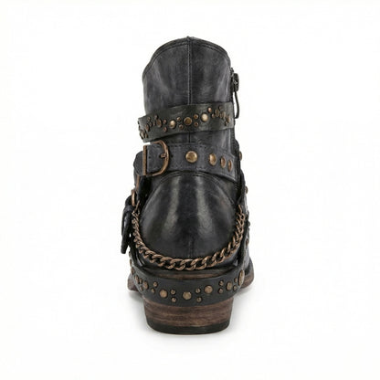 Kristen | Women's Studded Leather Ankle Cowboy Boots Buckle Straps