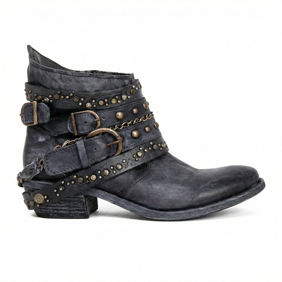 Kristen | Women's Studded Leather Ankle Cowboy Boots Buckle Straps