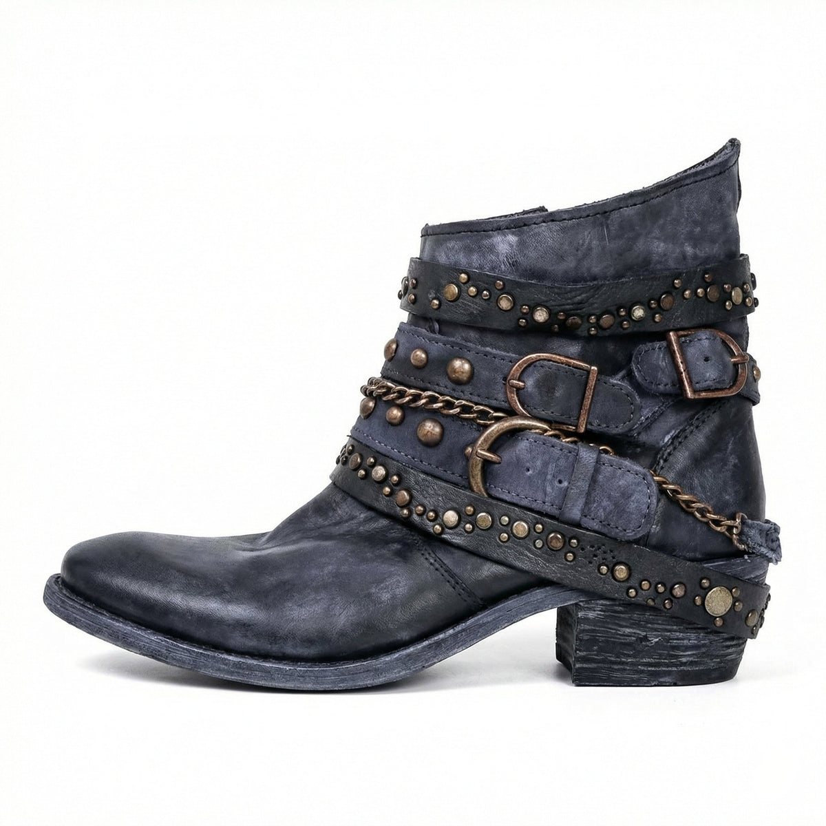 Kristen | Women's Studded Leather Ankle Cowboy Boots Buckle Straps