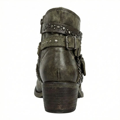 Kristen | Women's Studded Leather Ankle Cowboy Boots Buckle Straps