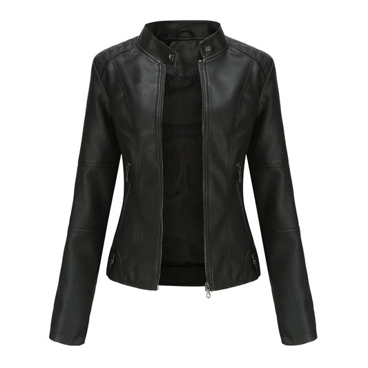 Vanessa | Casaco de Couro Mulher Biker Gola Mandarim