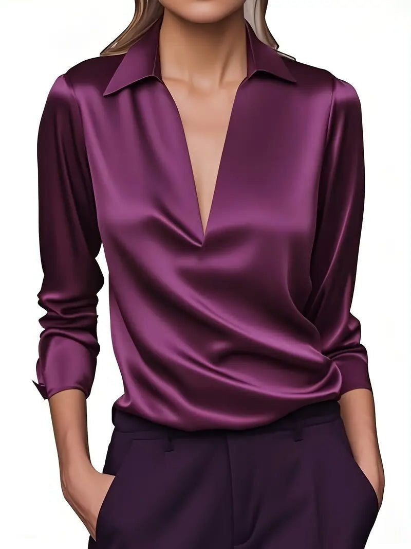 Vivienne | Women's Satin Blouse Collared V-Neck Long Sleeve