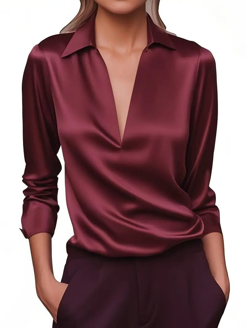 Vivienne | Women's Satin Blouse Collared V-Neck Long Sleeve
