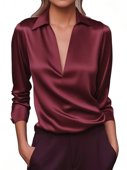 Vivienne | Women's Satin Blouse Collared V-Neck Long Sleeve