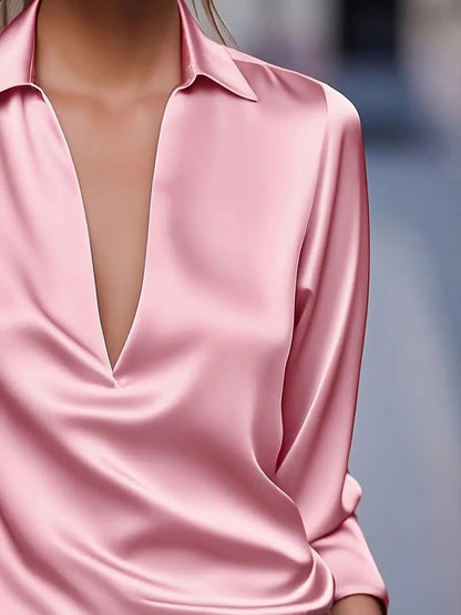 Vivienne | Women's Satin Blouse Collared V-Neck Long Sleeve
