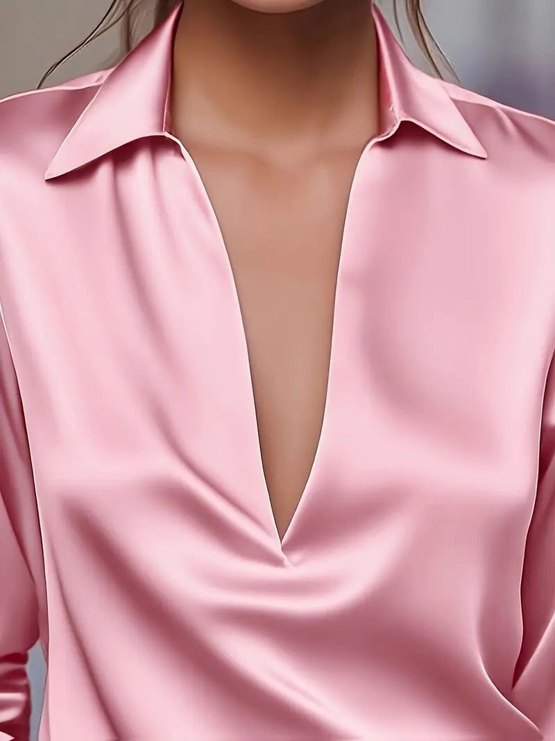 Vivienne | Women's Satin Blouse Collared V-Neck Long Sleeve