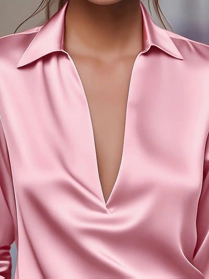 Vivienne | Women's Satin Blouse Collared V-Neck Long Sleeve