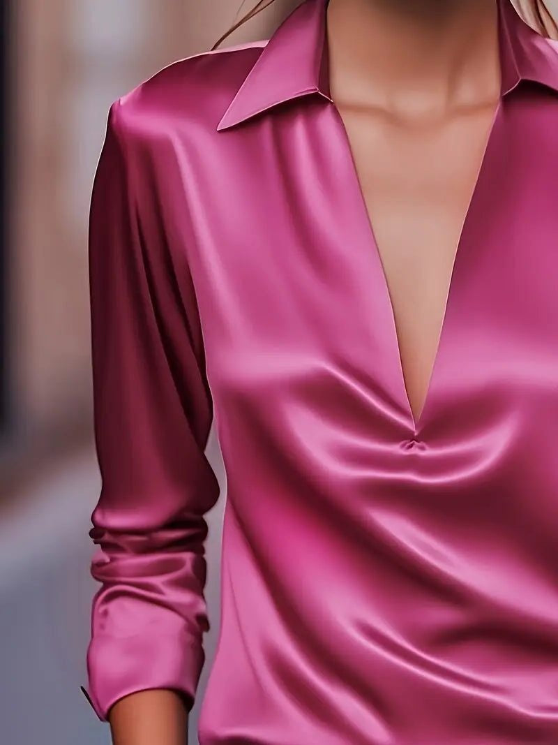 Vivienne | Women's Satin Blouse Collared V-Neck Long Sleeve