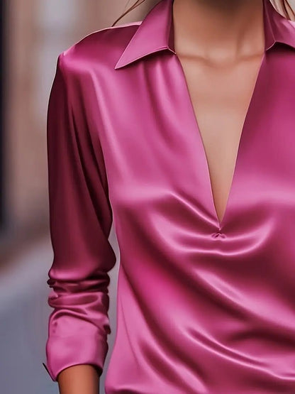 Vivienne | Women's Satin Blouse Collared V-Neck Long Sleeve