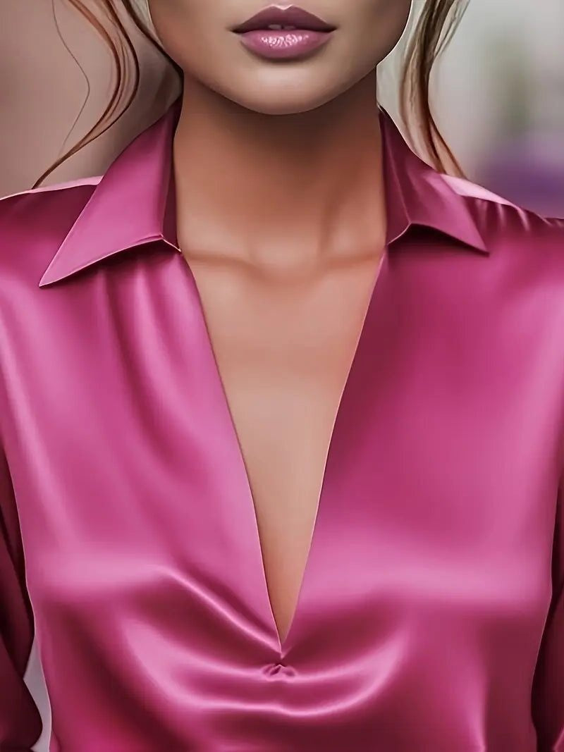Vivienne | Women's Satin Blouse Collared V-Neck Long Sleeve