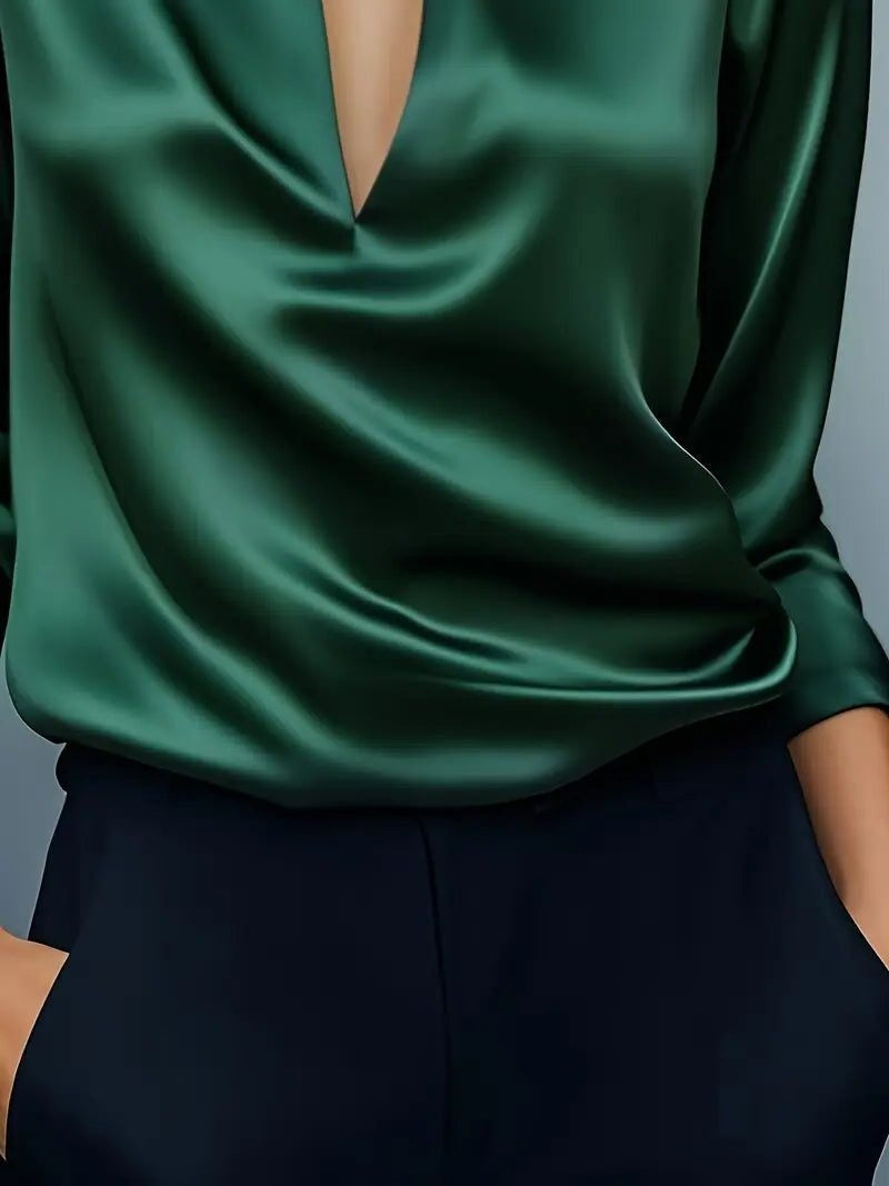 Vivienne | Women's Satin Blouse Collared V-Neck Long Sleeve