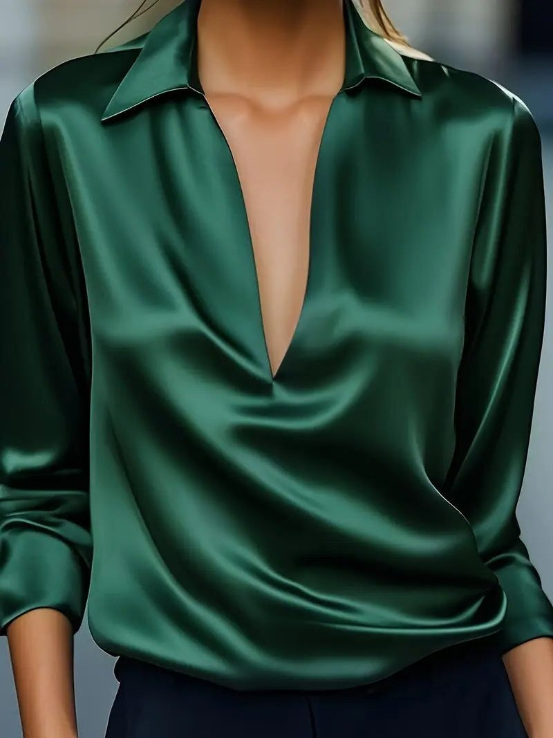 Vivienne | Women's Satin Blouse Collared V-Neck Long Sleeve