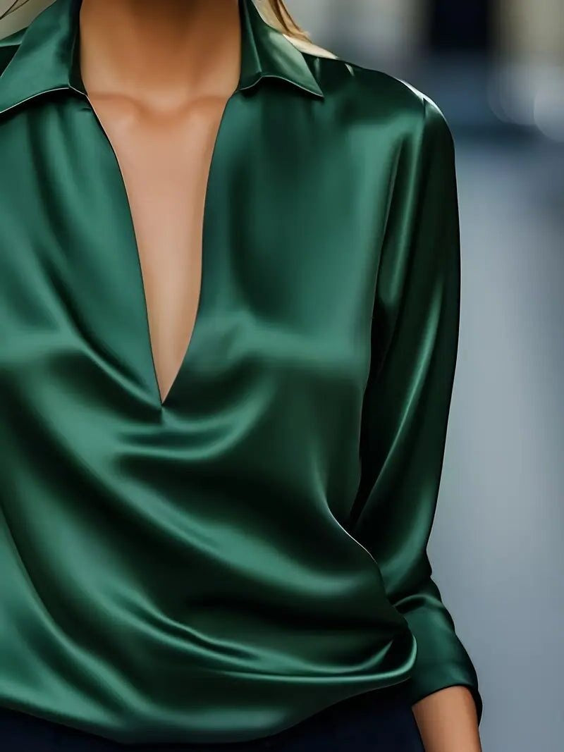Vivienne | Women's Satin Blouse Collared V-Neck Long Sleeve