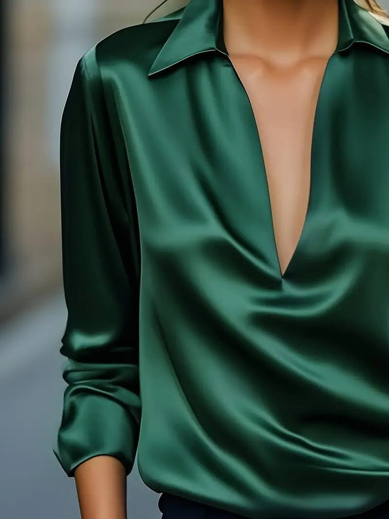 Vivienne | Women's Satin Blouse Collared V-Neck Long Sleeve