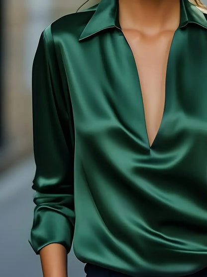 Vivienne | Women's Satin Blouse Collared V-Neck Long Sleeve