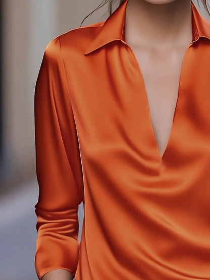 Vivienne | Women's Satin Blouse Collared V-Neck Long Sleeve